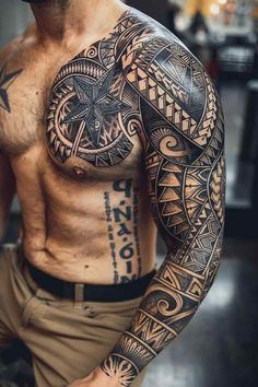 a man with tattoos on his arm and chest