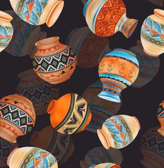 many colorful vases with designs on them are arranged in a pattern that looks like they have been made out of clay