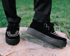 These black suede creepers have contrasting white interlace and feature the new lightweight and more flexible soles in our traditional 1 7/8" Mondo height. These creepers have a white woven interlace, and silver metal D-rings. Suede Creepers, Creepers, Loafers Men, Black Suede, Metallic Silver, Two Tone, Loafers, Black White, Silver