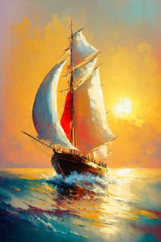 an oil painting of a sailboat sailing in the ocean at sunset or sun set