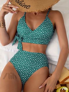 Zlily - Womens Green Ditsy Floral Print V Neck Bikini with Tie Side, High Waist Stretchy Two-Piece Bathing Suit - Elegant and Fashionable Swimwear and Clothing Green Floral Print Tankini For Sunbathing, Green Triangle Top Printed Tankini, Green Printed Triangle Top Tankini, White V-neck Swimwear With Floral Print, Green Floral Print Tie-side Swimwear, Chic V-neck Floral Print Swimwear, Adjustable Floral Print Swimwear With Tie-side Bottom, Tropical V-neck Floral Print Swimwear, Ditsy Floral