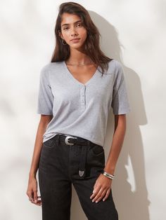 Timeless Elbow-Sleeve Henley T-Shirt | Banana Republic Factory Versatile V-neck T-shirt For Fall, Spring V-neck T-shirt For Casual Gatherings, Relaxed Fit V-neck T-shirt For Work, Casual V-neck Top With Relaxed Fit For Layering, Casual V-neck Top For Layering With Relaxed Fit, Casual Short Sleeve V-neck Top For Fall, Versatile V-neck Top For Casual Gatherings, Gray V-neck T-shirt For Spring, Classic V-neck T-shirt For Spring