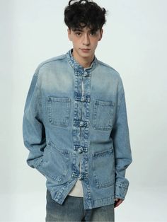 Faded Denim Shirt with Multiple Pockets - chiclara Medium Wash Washed Denim Jacket In Utility Style, Denim Tops With Patch Pockets In Washed Blue, Casual Denim Blue Jacket With Patch Pockets, Casual Blue Denim Jacket With Patch Pockets, Casual Denim Jacket With Patch Pockets, Everyday Medium Wash Denim Top With Pockets, Denim Blue Tops With Patch Pockets, Casual Medium Wash Denim Jacket With Pockets, Casual Light Wash Pre-washed Tops