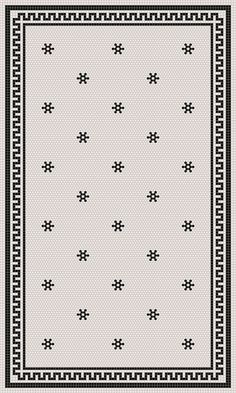 a black and white rug with an intricate border