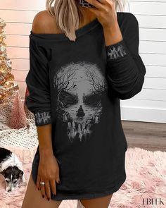 Ebeek - Ominous Halloween Skull Graphic Sweatshirt Dress - A Novelty Fashion Statement Plus Size Halloween Costume, Graphic Print Sweatshirt, Skull Graphic, Warm Dresses, Printed Bodycon Dress, Type Graphic, Dress Shirts For Women, Halloween Skull, Print Sweatshirt