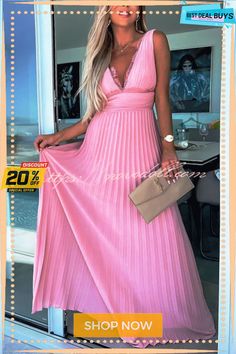 Always Elegant Lace Trim V-neck Pleated Maxi Dress Pink V-neck Dresses With Pleated Waist, Pleated V-neck Maxi Dress For Beach, V-neck Pleated Maxi Dress For Beach, Beach V-neck Pleated Dress, Pink Lace Maxi Dress With V-neck, Pink Pleated Maxi Dress With V-neck, V-neck Pleated Beach Maxi Dress, Pink Pleated V-neck Maxi Dress, Breezy Pink V-neck Maxi Dress