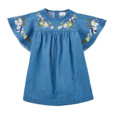 Mud Pie Embroidered Chambray Dress 5T Embroidery On Dresses, Blouse Inspiration, Denim Chambray Dress, Iron On Embroidery, Sleeves Style, Unique Dress, Princess Dresses, Kids Dresses, Embroidered Neckline