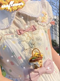 a woman wearing a white dress with a basket on it's chest and sunflowers in the background