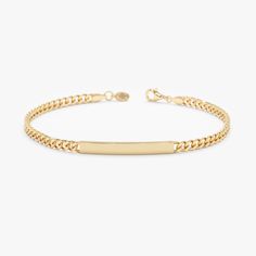 Nola This 14k gold ID bracelet is simple, classic, and gorgeous. Adding a personal touch to this bracelet with an engraving is essential. We can engrave almost anything - Initials, Zodiac signs, Hearts, Stars, you name it! Personalize this dainty bracelet for yourself or gift it to someone you love! - Handmade - Solid Gold- The Dimension of the Middle Bar for 3 mm: 3 x 32 mm- The Dimension of the Middle Bar for 4 mm: 4 x 32 mm- The Dimension of the Middle Bar for 5 mm: 5 x 32 mm All pieces come Bracelets With Names Gold, Id Bracelet Women, Gold Cuban Link Bracelet, Graduation Display, Engraved Bar Bracelet, Personalized Gold Bracelet, Nameplate Bracelet, Bracelet Name, Bar Dimensions