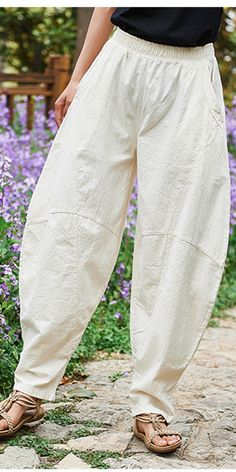 Autum Spring Linen Wide Leg Women Casual Pants Elastic Waist Summer Linen Pants, Leg Women, Women Casual Pants, Cotton Linen Pants, Pants Elastic Waist, Pants Loose, Linen Pants Women, Summer Pants, Women Pants