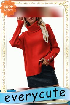 Orange Turtleneck Button Cuff Long Sleeve Knit Sweater Long Sleeve Sweater With Buttons For Winter, Knit Sweater With Button Cuffs For Winter, Knit Winter Sweater With Button Cuffs, Winter Sweater With Button Cuffs, Long Sleeve Acrylic Sweater With Buttons, Knit Sweater With Button Cuffs, Fall Sweater With Button Closure, Solid Color Fall Sweater With Button Closure, Trendy Winter Sweater With Button Closure