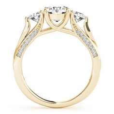 This 3-stone ring features 3/4 ctw. of sparkling diamonds. A 1.00 ct. or larger round shape stone can be set in this ring. Yellow Gold Three Stone Diamond Ring For Promise, Moissanite Three Stone Round Band For Wedding, Moissanite Three-stone Diamond Ring, Moissanite Three Stone Round Band Wedding Ring, Three Stone Moissanite Round Band For Wedding, Three Stone Moissanite Wedding Ring With Round Band, Yellow Gold Moissanite Three Stone Diamond Ring, Moissanite Three-stone Diamond Promise Ring, Moissanite Three Stone Diamond Ring