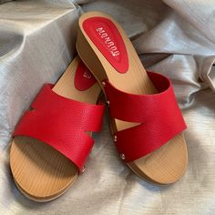 8 W Red Slide Low Wedge Sandals Wide I Thought The W Was Women But These Are Wide Brand New Pretty Sure These Are Man Made Bundle For Bargains Red Slip-on Wedge Sandals For Vacation, Red Platform Slip-on Sandals, Red Flat Wedge Sandals For Beach, Red Clogs For Beachwear In Summer, Red Summer Beach Clogs, Red Beach Clogs With Round Toe, Red Round Toe Beach Clogs, Casual Synthetic Wedge Sandals With Red Sole, Red Summer Heels With Cushioned Footbed