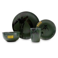 an assortment of green and yellow dinnerware