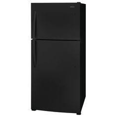 a black refrigerator freezer sitting on top of a white wall