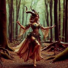 a woman with horns and dress in the woods