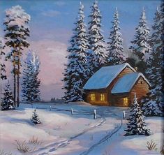 a painting of a cabin in the winter with snow on the ground and trees around it