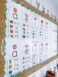 a bulletin board with different types of letters and numbers attached to it on the wall