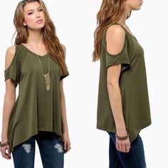 Please Read Description And Measurementpolyester Material. Casual V Neck Off Shoulder T Shirt Short Sleeves Solid Stretch Top. Color Is Army Green. Bust 31.2in Waist 31.2in Sleeves 6.2in Lenght 22.6in. Also Available In Red. Don't Wait For A Price Drop! Make An Offer *57 Stretch Summer Tops For Night Out, Casual Summer Blouse For Night Out, Trendy Cold Shoulder Summer Blouse, Stretch Solid Color Top For Vacation, Cold Shoulder Tops For Day Out, Trendy Solid Color Top For Vacation, Casual Stretch Cold Shoulder Tops, Green Summer Tops For Night Out, Green Summer Top For Night Out