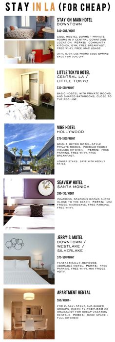 an info sheet describing the different types of hotels and motels in la for cheap