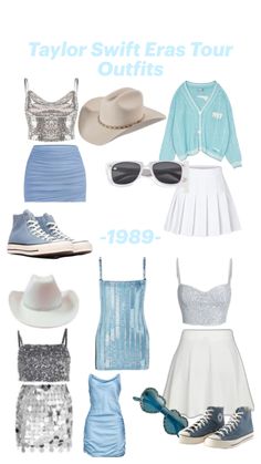 the taylor swift era tour outfits in blue and white, including dresses, hats, sunglasses,