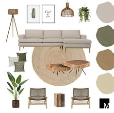 a living room filled with lots of furniture and decorating items in shades of green