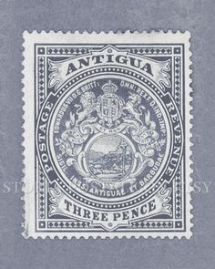 a stamp with an emblem on it and the words,'antiqua three pence '