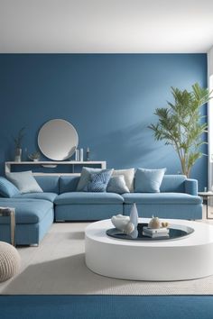 a living room with blue walls and white furniture in it's centerpieces