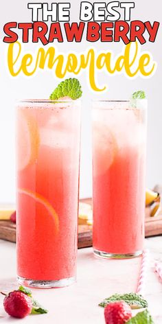 two glasses filled with strawberry lemonade on top of a table