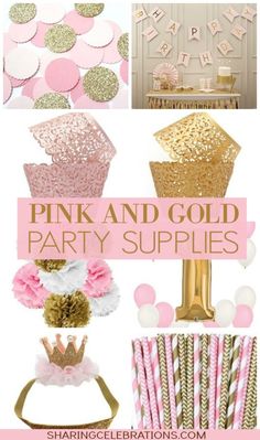 pink and gold party supplies including cupcakes, paper straws, napkins, cake