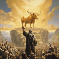 a painting of a man standing in front of a bull on top of a mountain