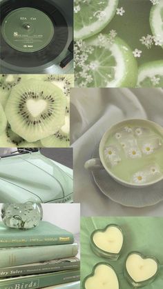 green and white collage with heart shaped candles, books, tea light candle holders