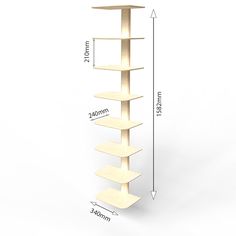 a tall wooden shelf is shown with measurements for the top and bottom shelves on each side