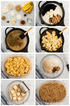 the steps to make banana bread are shown in four different pictures, including bananas and other ingredients