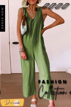 Karlidress Don't You Know Me Wide Leg Jumpsuit P12505 Green Jumpsuits With Pockets For Vacation, Green Jumpsuits And Rompers With Pockets For Vacation, Green Vacation Jumpsuits With Pockets, Casual One-piece Jumpsuit For Spring, Chic Beach Overalls For Spring, Fitted Green Overalls For Summer, Chic Spring Beach Overalls, Summer Vacation Overalls In Solid Color, Sleeveless Solid Overalls For Day Out