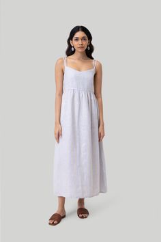 Strappy Gathered Midi Dress in Linen Stripes Linen Stripes, Flowy Midi Dress, Strappy Maxi Dress, Midi Sundress, Maxi Sundress, Embroidered Midi Dress, Tent Dress, Dress Pin, Feminine Dress