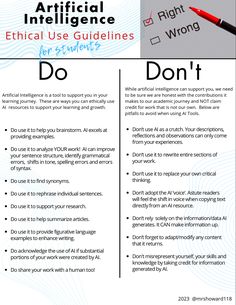 This image provides a list of dos and don’ts for students working with artificial intelligence Middle School Ela Classroom, Virtual Teaching, Job Tips, Tech Ideas, Teaching College, Teacher Support, Reading Specialist, English Major