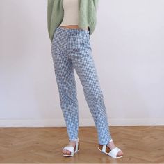 Very Comfortable Blue Gingham, Elastic Waist Trousers From Ost. Never Worn With Tags. Blue Gingham Pants Outfit, Summer Plaid Relaxed Fit Pants, Plaid Relaxed Fit Summer Pants, Summer Relaxed Fit Plaid Pants, Summer Plaid Pants For Loungewear, Summer Plaid Loungewear Pants, Spring Plaid Loungewear Pants, Casual Gingham Bottoms With Relaxed Fit, Plaid Ankle-length Pants For Spring