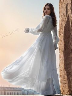 Poprose - Stylish Sashed Dress with Jewel Neckline and Long Sleeves Spring Wedding A-line Chiffon Dress, Formal Long Sleeve Summer Chiffon Dress, Formal Long Sleeve Chiffon Dress For Summer, Long Sleeve Chiffon Dress For Summer Formal Events, Chic Long Sleeve Chiffon Wedding Dress, White Chiffon Long Sleeve Maxi Dress, Chic Long Sleeve Chiffon Dress For Wedding, White Long Sleeve Chiffon Maxi Dress, Flowy Long Sleeve Midi Dress For Wedding