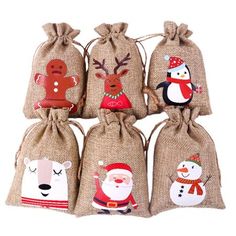 six bags with christmas decorations on them