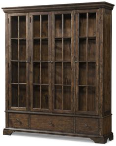 a large wooden cabinet with glass doors on the front and bottom shelves, in dark brown wood