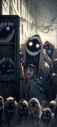 a group of people standing next to each other in front of a bunch of monsters