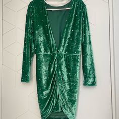 100% Authentic New Never Been Worn The Attico Green Velvety Dress With Crystals. There Is One Crystal Missing And It Is Pictured. You Can’t Really Notice It In Person. I Have Also Attached A Clasp In The Front To Shorten The V-Neck But You Can Either Keep It Closed Or Open Depending On How Low You Want To Wear The Halter Neck. The Brand Label Was Removed When I Purchased The Dress But You Can See From The Material Tagged At The Brand Is Mentioned There. This Is A Size 40. Dress With Crystals, Lime Green Shirts, Annie Dress, Tulle Mini Dress, Satin Shirt Dress, Green Shirt Dress, Green Velvet Dress, The Attico, Blue Cocktail Dress