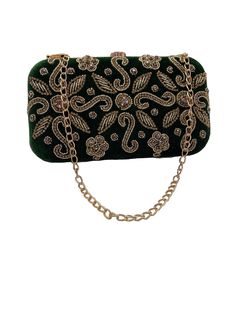 Handmade Clutch is made of velvet material and it consists of an exclusively imported metal frame, silk lining, and a crystal-studded clasp. Material- Velvet (Outside) Colour- Green Dimensions- 8x6x2 inches (Approx.) Shoulder Chain: 48 inches (Approx.) Closure Type- Clasp Embroidery- Single Side Easy Clean- Wipe it with a soft cloth, and keep it away from water and direct sunlight. After using it, please store it in dust free bag, do not expose it to extreme heat Space- Enough space allowing you Embroidered Rectangular Clutch For Evening, Embroidered Rectangular Evening Clutch, Formal Velvet Rectangular Bag, Formal Rectangular Velvet Bag, Luxury Velvet Party Clutch, Rectangular Openable Clutch For Reception, Elegant Velvet Evening Bag For Wedding, Hand Embellished Rectangular Clutch For Reception, Luxury Velvet Clutch For Evening