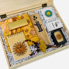 Sunny Life Gift Box Cute Handkerchief, Wood Notebooks, Sunny Vibes, Box Of Sunshine, Fragrance Samples, Herbal Oil, Care Package, Wood Box, Wood Boxes