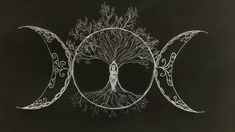 an artistic drawing of the moon with trees on it's sides and roots in the middle