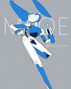 a blue and white cartoon character flying through the air with scissors in his hand,