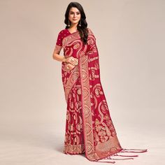 Red colored saree is prettified with beautiful weaving with swarovski work as shown which makes it appear classy. This saree is made of banarasi silk fabric which is accompanied with banarasi silk blouse piece which you can customise as per your design/style. Women can buy this saree to wear for their festive and functions. Note:- The actual product may differ slightly in color and design from the one illustrated in the images when compared with computer or mobile screen. Measurements: Saree : Banarasi Silk : 5.5 Mtrs Blouse : Banarasi Silk : 0.8 Mtr Material: Banarasi Silk Stitch Type: Unstitched Occasion: Festive, Sangeet Country of Origin: India Care Guide: Dry Clean Elegant Bandhani Print Pre-draped Saree For Festive Occasions, Elegant Festive Pre-draped Saree With Bandhani Print, Elegant Festive Pre-draped Bandhani Saree, Elegant Bandhani Print Blouse Piece For Diwali, Elegant Pre-draped Saree With Bandhani Print, Elegant Red Pre-draped Saree With Self Design, Elegant Chanderi Saree With Bandhani Print, Festive Bandhani Print Elegant Saree, Elegant Festive Bandhani Print Saree