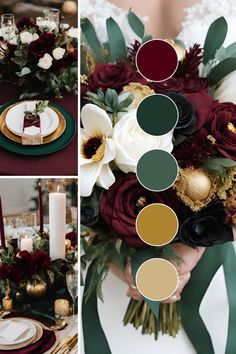 the table is set with red, white and green flowers in different colors on it