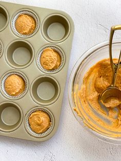 cupcake batter in a muffin tin next to an uncooked muffin pan